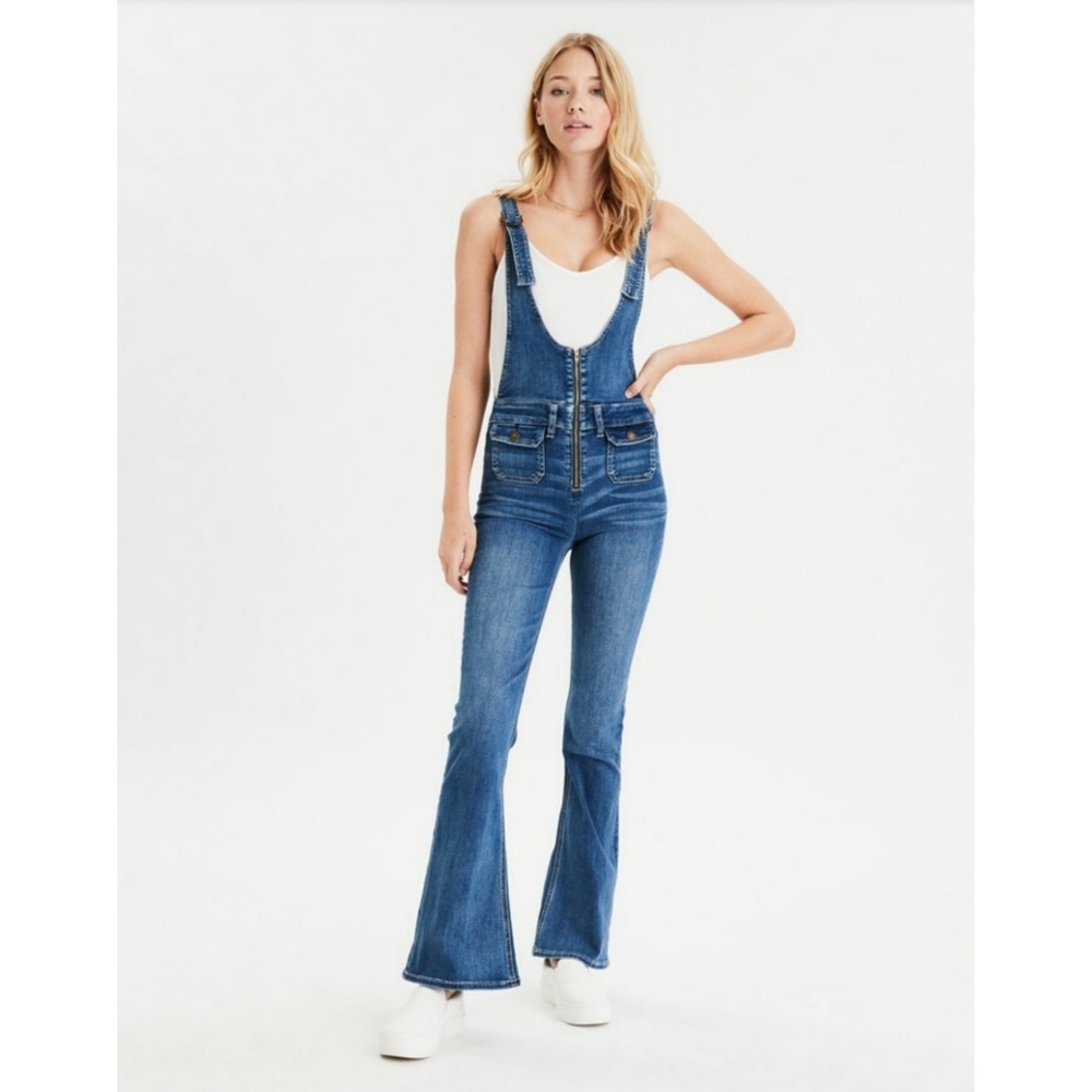 AEO Flare Bootcut Denim Overalls With Pockets